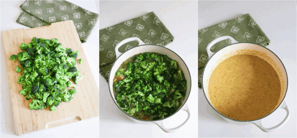 Some of the steps to making broccoli potato soup. Add the broccoli and cook for 3-4 minutes or until the potatoes and broccoli are tender. Remove about half of the soup to a large bowl. Using an immersion blender, blend the remaining soup in the pot.