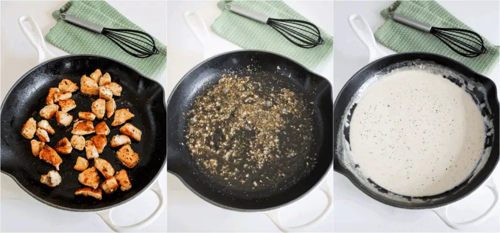 Some of the steps for making chicken penne pasta. Bread the chicken and brown it in oil over medium heat. Remove the chicken to a plate. Reduce the heat to low and add the garlic and Italian seasoning. Cook for a minute while stirring. Add the chicken broth and simmer for about 5 minutes.
Pour in the heavy cream and reduce for about 10 minutes.