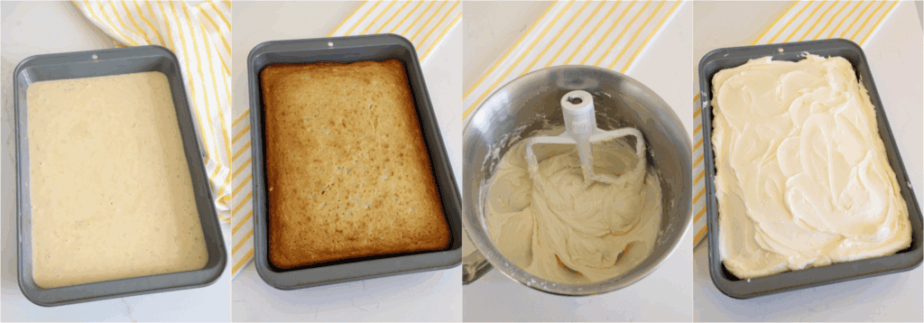 Some of the steps to making banana cake with cream cheese frosting. Pour the batter into a well-greased baking pan. Bake until set. Using a stand mixer (with paddle attachment) or a hand mixer on high speed, beat the cream cheese and butter until smooth and creamy. Turn the mixer to medium and add the vanilla extract and salt. Turn the mixer to low and gradually add the powdered sugar, beating until well combined. Frost the cake