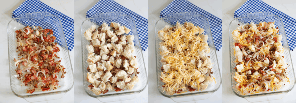 Some of the steps to making breakfast strata. Layer half the bacon sausage mixture in the bottom of a 9x13-inch casserole dish. Add half of the cubed bread, half the shredded cheese, the remaining bacon/sausage mixture, and the rest of the bread cubes.
