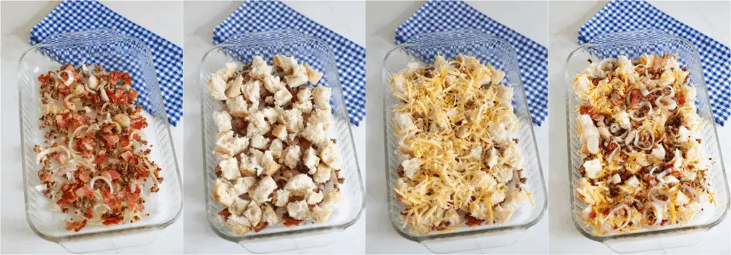 Some of the steps to making breakfast strata. Layer half the bacon sausage mixture in the bottom of a 9x13-inch casserole dish. Add half of the cubed bread, half the shredded cheese, the remaining bacon/sausage mixture, and the rest of the bread cubes.