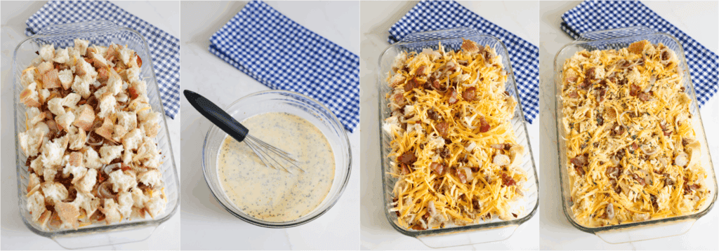 Some of the steps to making breakfast strata. Add the rest of the bread cubes. In a large bowl, whisk the eggs, milk, dry mustard, ground nutmeg, salt, black pepper, and fresh thyme. Pour the custard over the casserole and sprinkle a little thyme over the dish. Using a spatula, press down on the top of the dish to push the bread cubes into the custard.