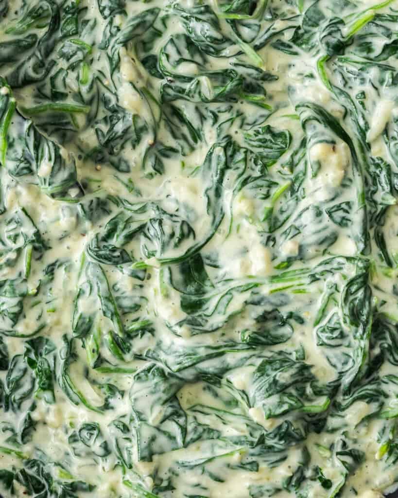 A close up view of creamed spinach.
