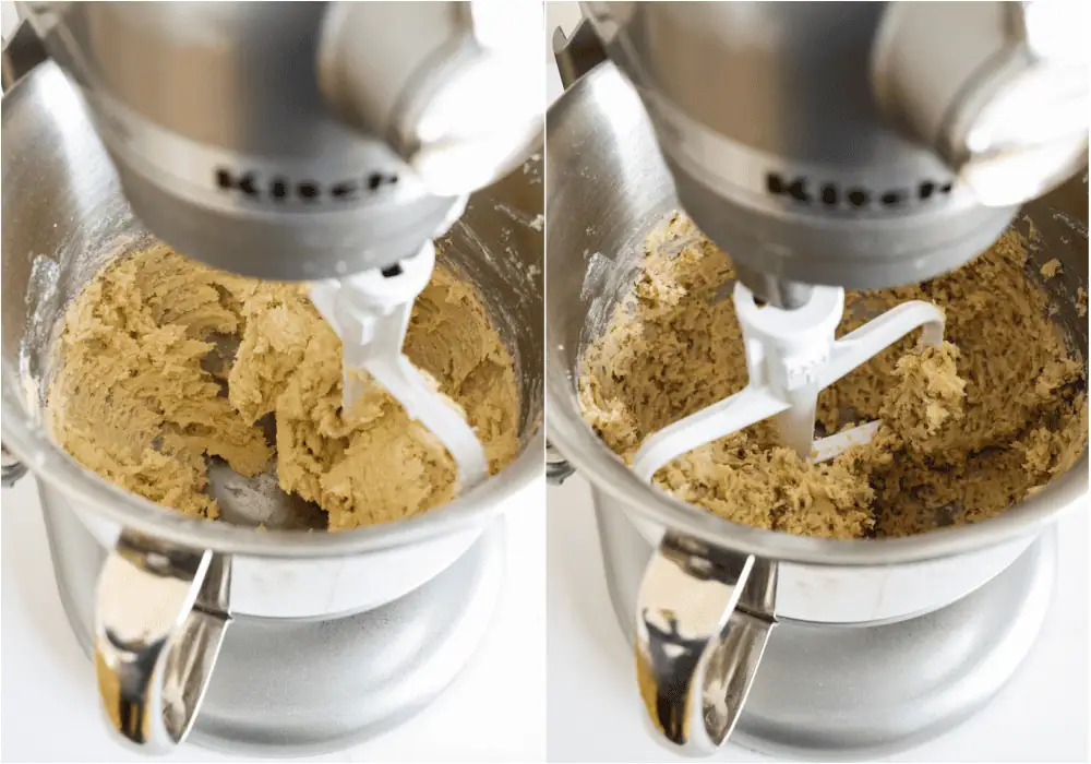 Some of steps to making Mexican wedding cookies. With the mixer on low, slowly add the flour, beating until combined. Mix in the chopped pecans until incorporated.