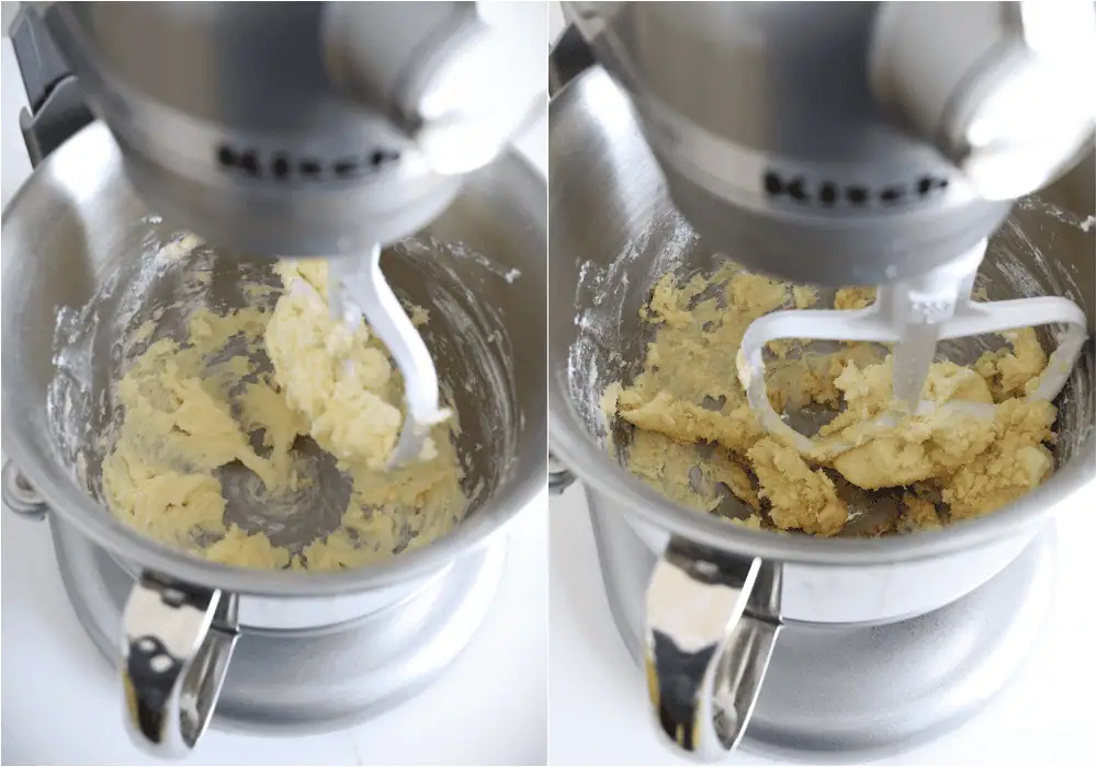 Some of steps to making Mexican wedding cookies. Using a stand mixer on medium speed, cream the butter and ½ cup of powdered sugar until fluffy and pale. Reduce the speed to low, then add the vanilla and almond extracts