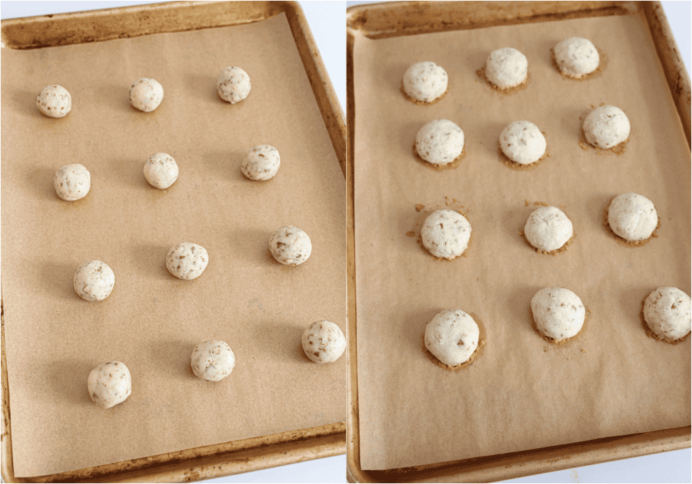 Some of steps to making Mexican wedding cookies. Using a 1-tablespoon scoop, portion the dough, and roll it into balls with the palms of your hands. Place the balls about 1 inch apart on parchment-covered baking sheets. Bake for 12 minutes, or until the bottom is light golden brown.