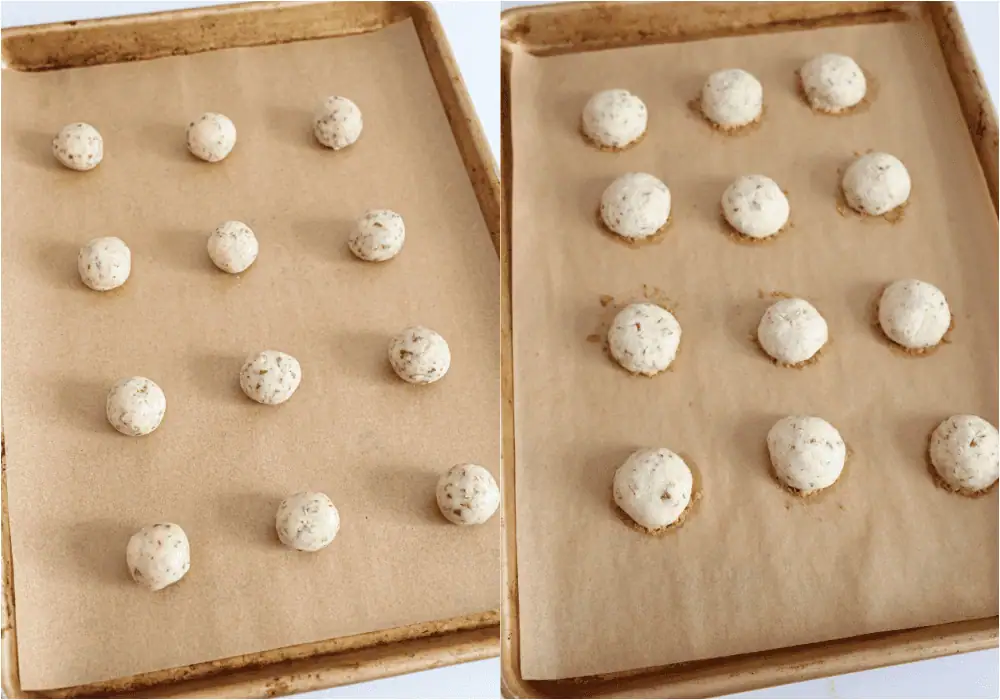Some of steps to making Mexican wedding cookies. Using a 1-tablespoon scoop, portion the dough, and roll it into balls with the palms of your hands. Place the balls about 1 inch apart on parchment-covered baking sheets. Bake for 12 minutes, or until the bottom is light golden brown.