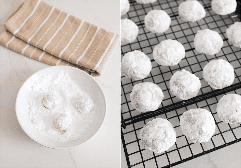 Some of steps to making Mexican wedding cookies. Cool the cookies for 15 minutes and then roll them in powdered sugar.