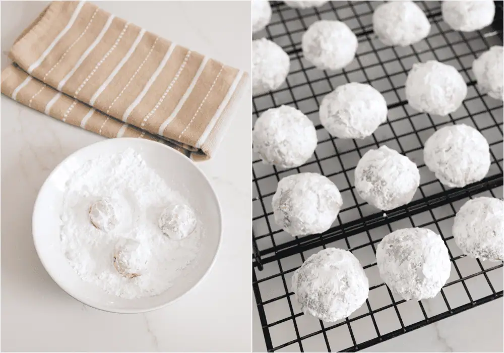 Some of steps to making Mexican wedding cookies. Cool the cookies for 15 minutes and then roll them in powdered sugar.