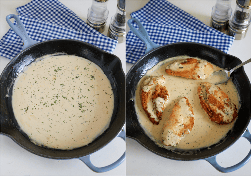 Some of the steps for making ranch chicken. Whisk in the cream slowly and simmer until reduced by half. Add the chicken back to the skillet. Spoon the sauce over the top.