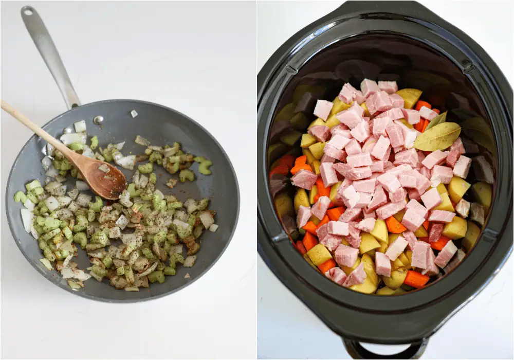 Some of the steps to making crockpot ham and potato soup. Sauté the onion and celery in a bit of olive oil over medium heat.
Reduce the heat to low and add the rosemary, black pepper, garlic powder, thyme leaves, and marjoram. Cook for a minute while stirring. Add the mixture to a crockpot. Top with the carrots, potatoes, ham, and bay leaves.