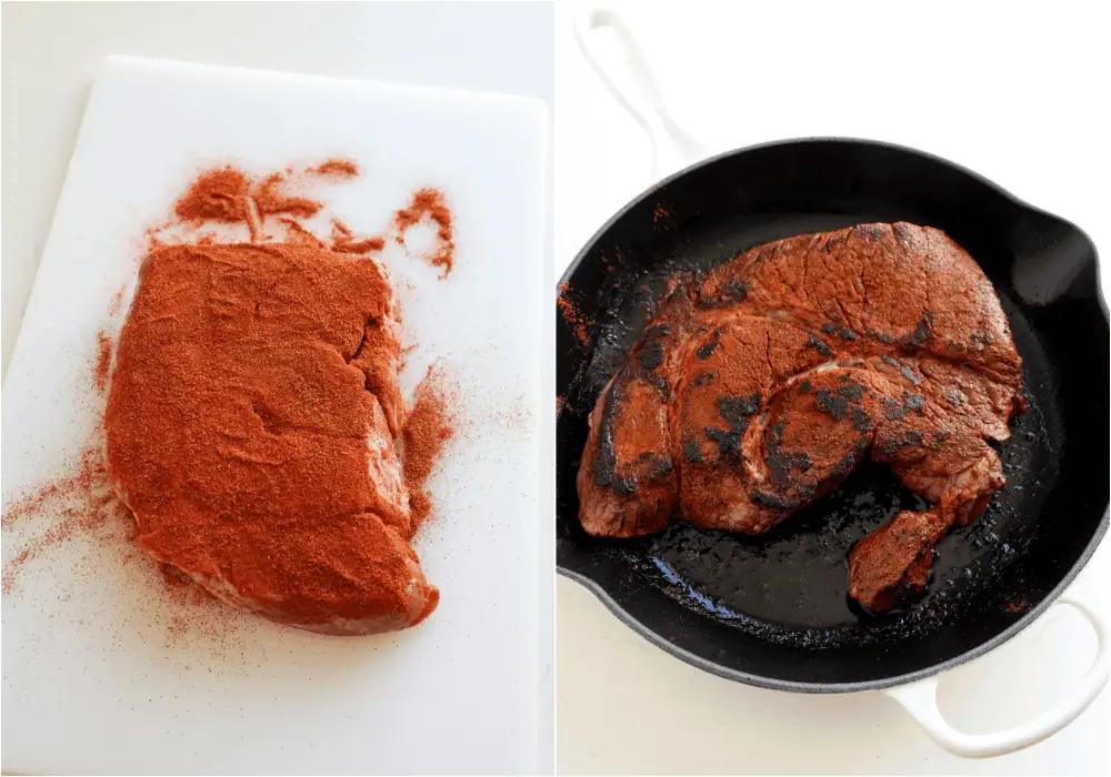 Some of the steps to making shredded beef tacos. Whisk together the smoked paprika, chile powder, and ground cumin. Rub it over the chuck roast and let it sit for about an hour. Heat the olive oil in a cast-iron skillet over medium heat. Brown the roast on both sides.