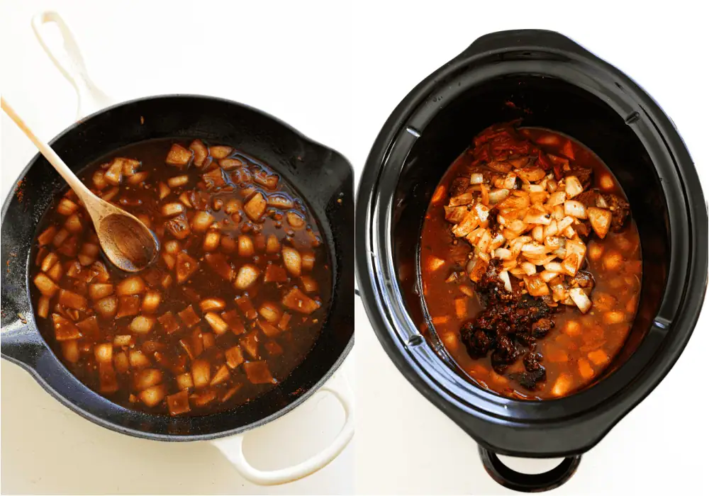 Some of the steps to making shredded beef tacos. Cook the onion in the skillet over medium heat until soft and lightly browned on the edges. Reduce the heat to low, add the garlic, and cook for a minute. Stir in the beef broth and scrape the bottom of the skillet to deglaze. Add the mixture, chipotle peppers, adobo sauce, orange juice, lime juice, and tomato paste to the crockpot.