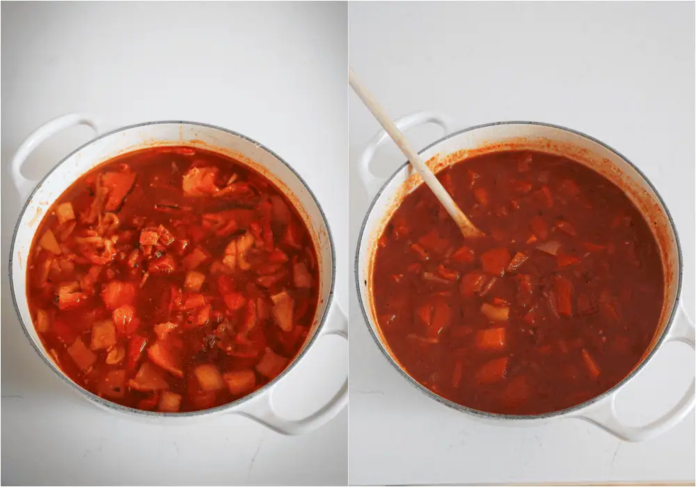 Some of the steps to making roasted red pepper soup. Stir in the vegetable broth, fire-roasted tomatoes, Rotel tomatoes, and tomato paste.
Simmer for about 30 minutes or until the carrots are very tender. Using an immersion blender, blend the soup until smooth and creamy.