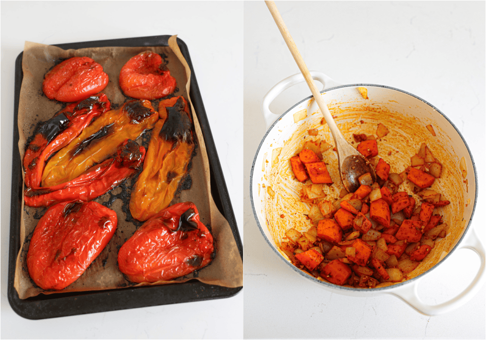 Some of the steps to making roasted red pepper soup. Split the peppers in half, remove the stems and seeds. Place them cut side down on a parchment-covered baking sheet. Rub or brush the tops with olive oil. Roast them for about 30 minutes or until the skins are blackened and blistered. Heat a tablespoon of olive oil in a large Dutch oven over medium heat. Add the onion and carrots and cook until the onion is soft. Reduce the heat to low and add the garlic, smoked paprika, cumin, and red pepper flakes. 