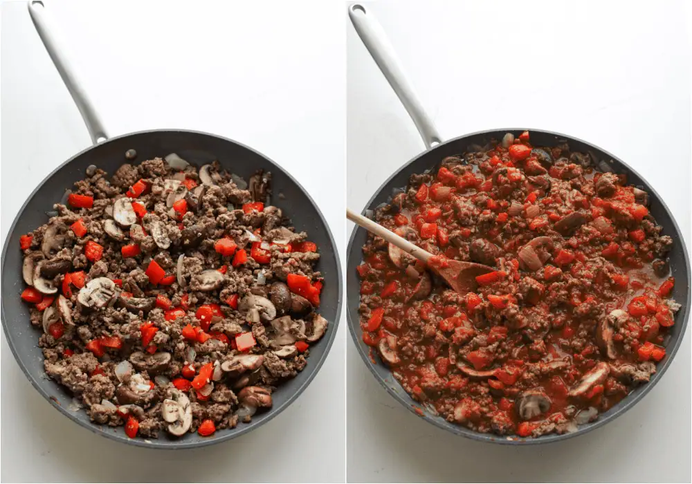 Some of the steps to making Johnny Marzetti casserole. brown the ground beef and Italian sausage in a large skillet over medium heat. About halfway through the browning process, add the mushrooms, onions, and bell peppers. Cook until the meat and mushrooms are browned, and the onion is soft. Reduce the heat to low and stir in the garlic, thyme, and marjoram. Stir in the tomato sauce and diced tomatoes.