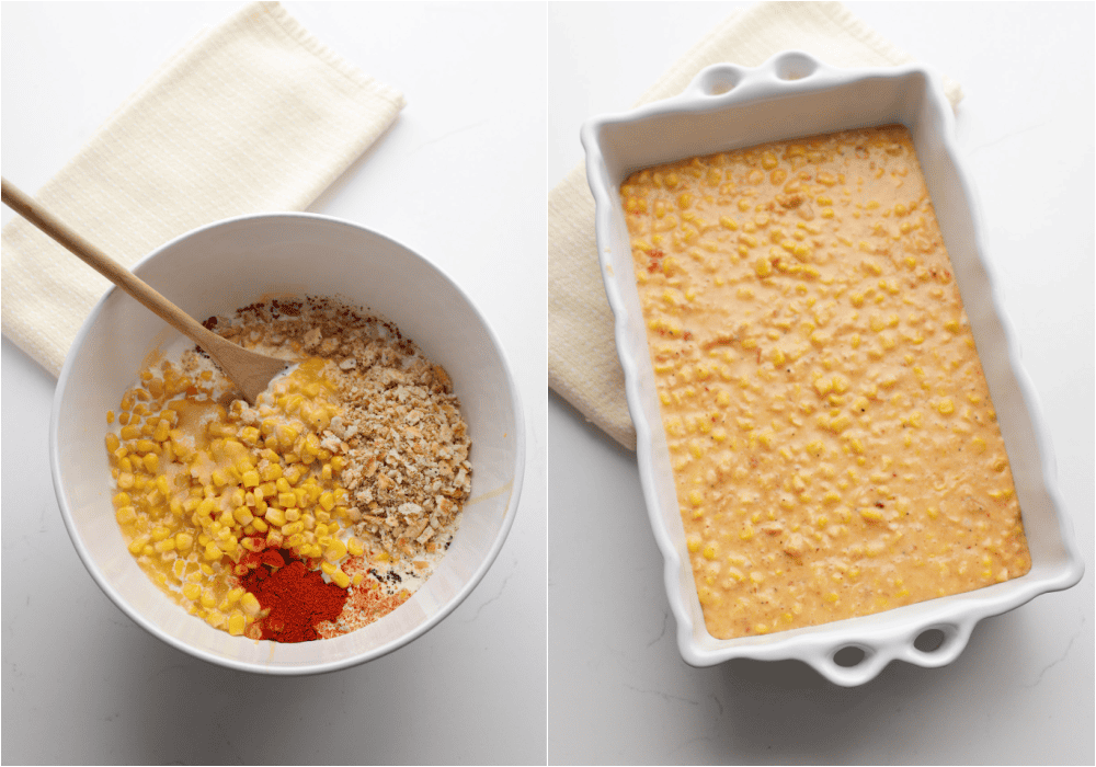 Some of the steps to making scalloped corn. Stir the corn, ½ cup cracker crumbs, half of the melted butter, eggs, heavy cream, granulated sugar, smoked paprika, onion powder, ground cayenne, salt, and black pepper in a large mixing bowl. Spoon the mixture into a greased casserole dish.