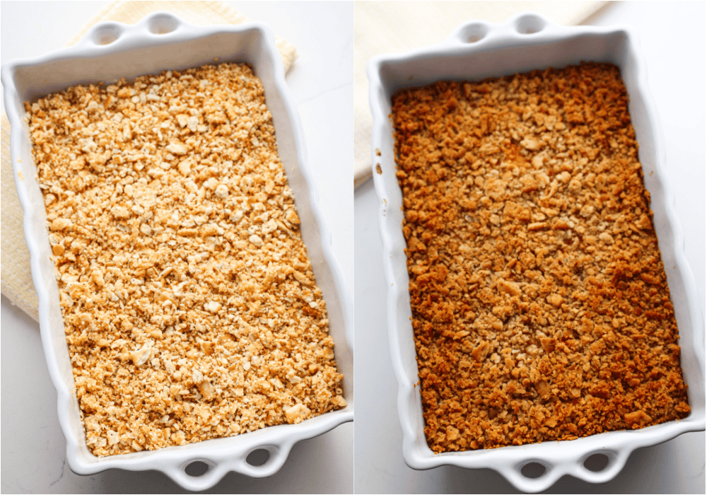 Some of the steps to making scalloped corn. Combine the remaining crushed crackers with the remaining butter and sprinkle it over the scalloped corn. Bake until golden brown and set.