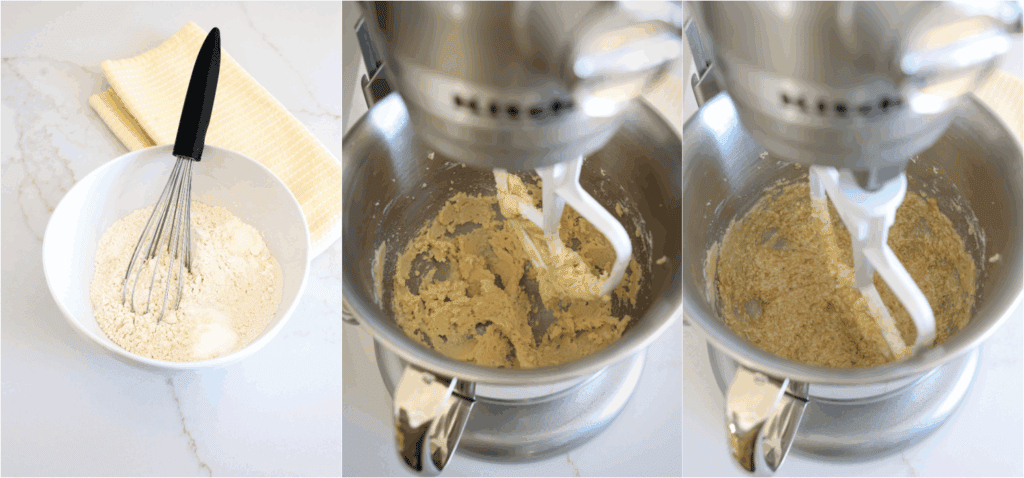 Some of the steps to making banana chocolate chip cookies. Whisk the flour, baking soda, and salt. Then, cream the granulated sugar, brown sugar, and butter on medium speed. Reduce the speed to low and beat in the bananas.