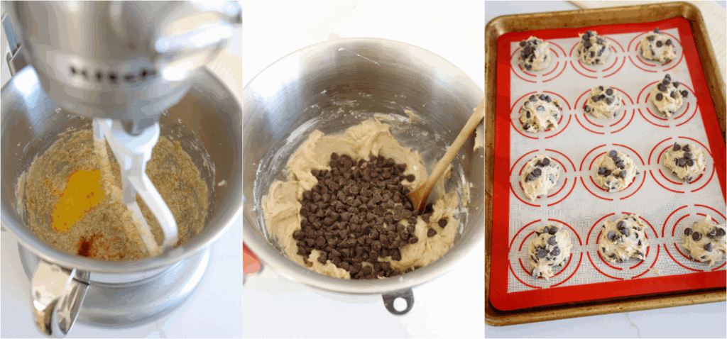 Some of the steps to making banana chocolate chip cookies. Mix in the egg yolk and vanilla extract. Stir in the flour and chocolate chips. Using a 1½ tablespoon cookie scoop, put the dough balls on a baking sheet about 2 inches apart.