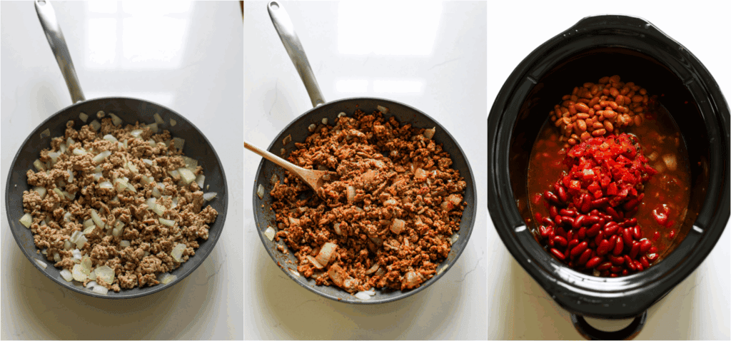 Some of the steps for making crockpot chili. Brown the ground turkey in a large skillet. About halfway through the browning process, add the onion and cook until the turkey is browned and the onion is soft. 

Reduce the heat to low and add the garlic, chili powder, ground cumin, dried marjoram, smoked paprika, salt, onion powder, and black pepper. Cook while stirring for a minute. Transfer the mixture to a crockpot. Add the beef broth, tomato paste, fire-roasted diced tomatoes, Rotel tomatoes, pinto beans, kidney beans, brown sugar, chipotle pepper, and adobo sauce.