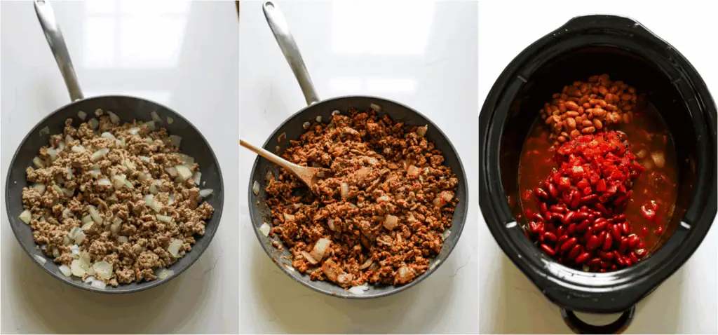 Some of the steps for making crockpot chili. Brown the ground turkey in a large skillet. About halfway through the browning process, add the onion and cook until the turkey is browned and the onion is soft.
Reduce the heat to low and add the garlic, chili powder, ground cumin, dried marjoram, smoked paprika, salt, onion powder, and black pepper. Cook while stirring for a minute. Transfer the mixture to a crockpot. Add the beef broth, tomato paste, fire-roasted diced tomatoes, Rotel tomatoes, pinto beans, kidney beans, brown sugar, chipotle pepper, and adobo sauce.