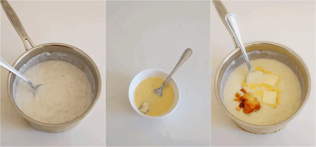 Some of the steps top making rice pudding. Add the milk and cook over medium-low heat until thick and creamy. Temper the egg, whisk it, and add it to the rice mixture with the granulated sugar. Remove the mixture from the heat and stir in the butter and the vanilla extract.