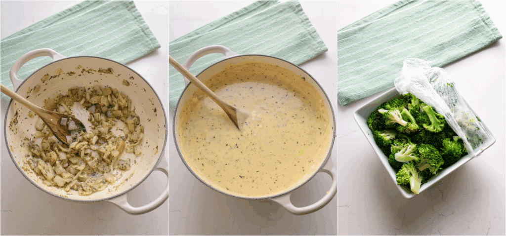 Some of the steps to making ham casserole. In a large pot, cook the onion in a little bit of olive oil until soft. Reduce the heat to low and add the garlic, thyme, marjoram, rosemary, salt, and black pepper. Cook for a minute while stirring. Melt the butter in the pot. Sprinkle in the flour and cook for a couple of minutes while stirring. Slowly stir in the milk and simmer until slightly thickened. Steam the broccoli in the microwave for a couple of minutes. Stir in the shredded cheddar and American cheese in small increments.