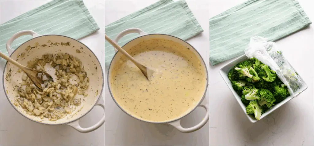 Some of the steps to making ham casserole. In a large pot, cook the onion in a little bit of olive oil until soft. Reduce the heat to low and add the garlic, thyme, marjoram, rosemary, salt, and black pepper. Cook for a minute while stirring. Melt the butter in the pot. Sprinkle in the flour and cook for a couple of minutes while stirring. Slowly stir in the milk and simmer until slightly thickened. Steam the broccoli in the microwave for a couple of minutes. Stir in the shredded cheddar and American cheese in small increments.