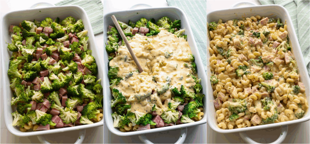 Some of the steps to making ham casserole. Add the pasta, broccoli, and ham to the casserole dish. Pour the cheese sauce over the top and stir to combine. Top with the remaining cheese