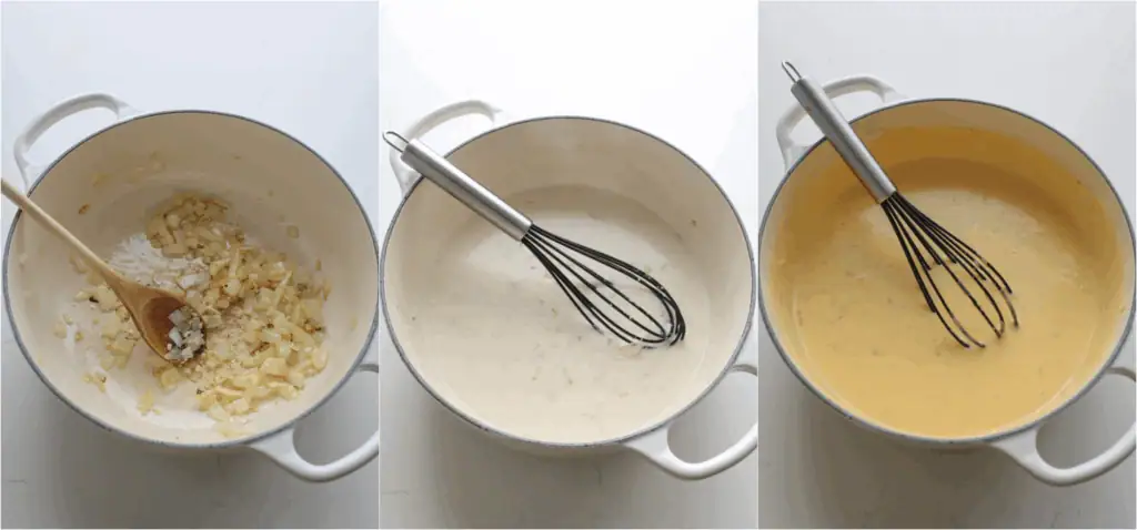 Some of the steps to making Buffalo chicken mac and cheese. cook the onion in a bit of olive oil over medium heat. Reduce the heat and stir in the garlic, cooking for a minute. Melt the butter in the pot. Sprinkle in the flour, stirring and cooking for a couple of minutes. Slowly stir in the milk and simmer until thickened. Stir in the salt and black pepper. Whisk in the cheese in several increments, stirring until melted. Use an immersion blender on low to create a super smooth cheese sauce.