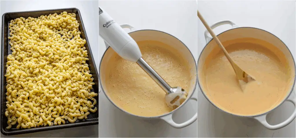 Some of the steps to making Buffalo chicken mac and cheese. Cook the elbow macaroni al dente according to package instructions. Use an immersion blender on low to create a super smooth cheese sauce. Stir in the buffalo sauce and ranch dressing.