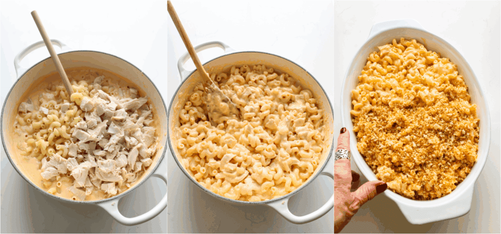 Some of the steps to making Buffalo chicken mac and cheese. Stir in the cooked chicken and spoon it into a greased casserole dish. Top with the toasted breadcrumbs.