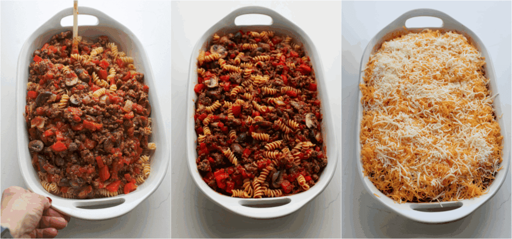 Some of the steps to making Johnny Marzetti casserole. Combine the mixture with the pasta, then top with the cheddar and Italian cheese blend.