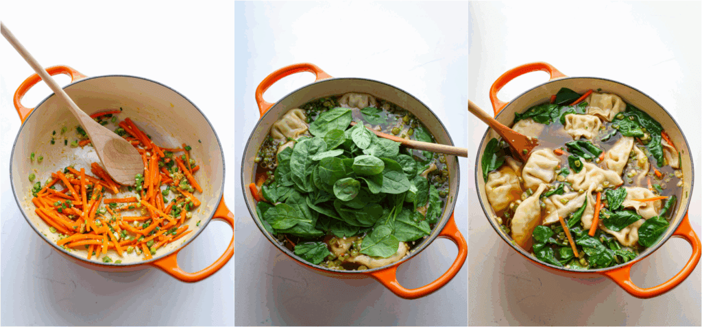 Some of the steps for making dumpling soup, Heat a little olive oil in a skillet over medium heat. Add the carrots and stir fry for 2-3 minutes. Add the vegetable broth, soy sauce, and rice vinegar. Bring the mixture to a gentle boil, then cook for 5 minutes, or until the carrots are tender. Add the dumplings and cook for 4 minutes. Remove the pot from the heat and add the spinach. Stir until wilted.