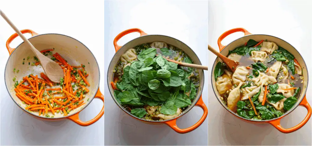 Some of the steps for making dumpling soup, Heat a little olive oil in a skillet over medium heat. Add the carrots and stir fry for 2-3 minutes. Add the vegetable broth, soy sauce, and rice vinegar. Bring the mixture to a gentle boil, then cook for 5 minutes, or until the carrots are tender. Add the dumplings and cook for 4 minutes. Remove the pot from the heat and add the spinach. Stir until wilted.