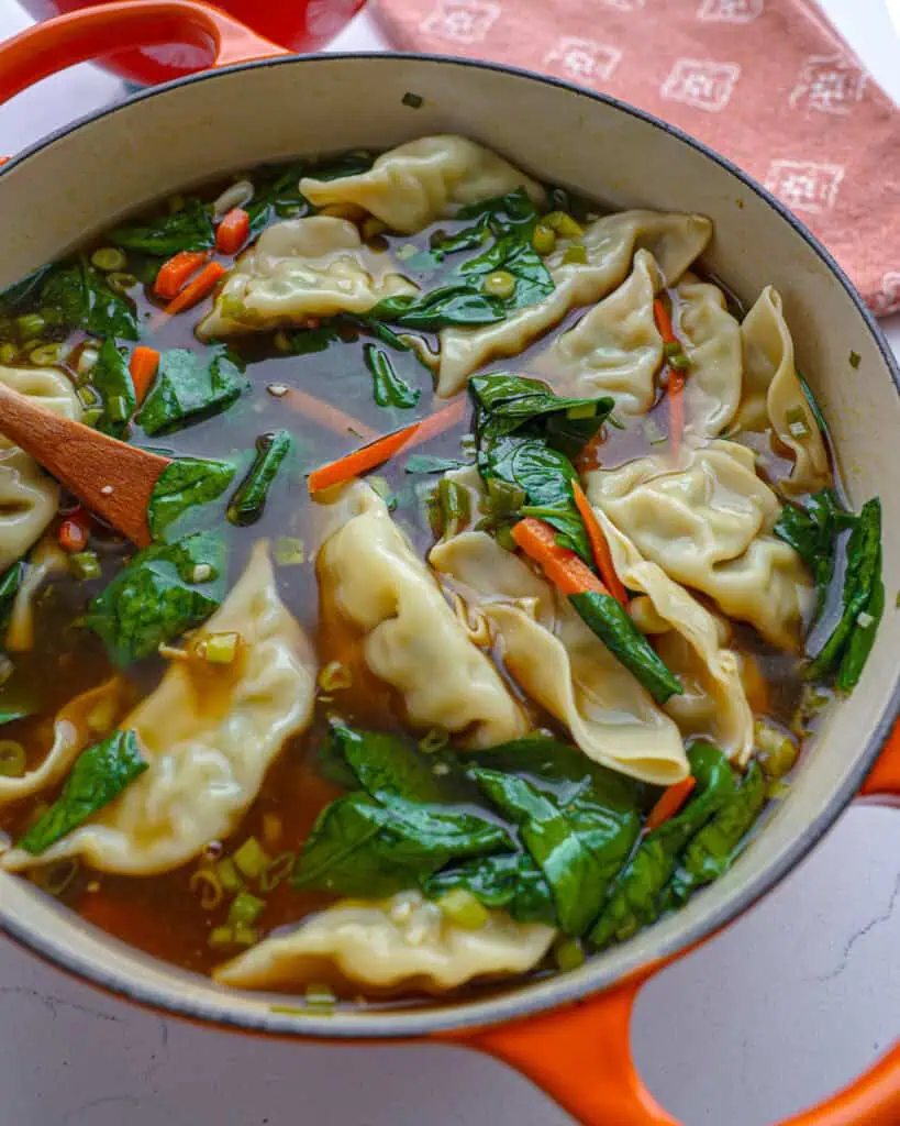 An overhead view of a Dutch oven full of dumpling soup.
