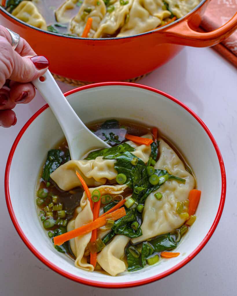 A bowl and a spoon full of dumpling soup with carrots, spinac, and green onions. 