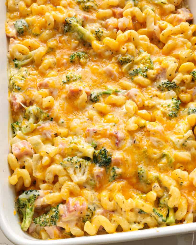 A close up view of baked ham casserole with broccoli, pasta, and cheese. 