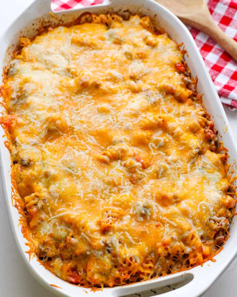 An overhead view of freshly baked Johnny Marzetti casserole