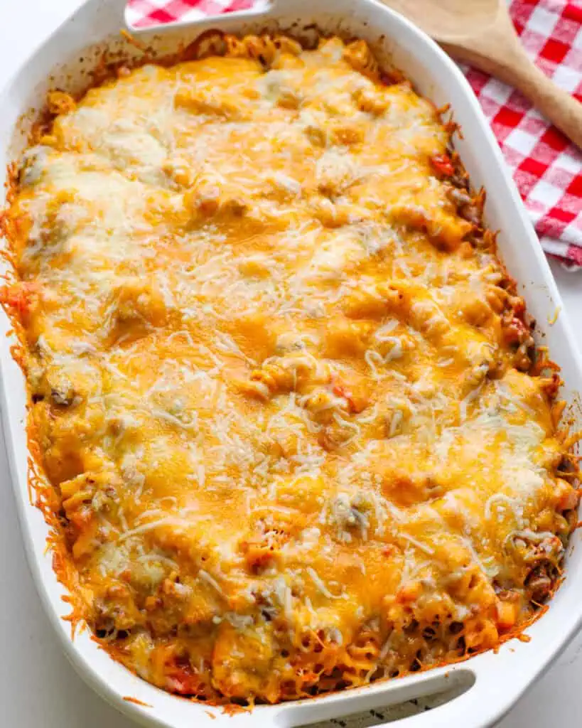 An overhead view of freshly baked Johnny Marzetti casserole