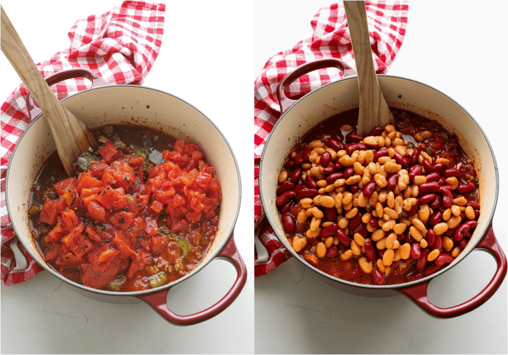 Some of the steps to making beef chili. Stir in the brown sugar, beef broth, tomato paste, fire-roasted diced tomatoes, Rotel tomatoes, pinto beans, kidney beans, chipotle peppers, and adobo sauce.Simmer over low heat for 30-45 minutes.