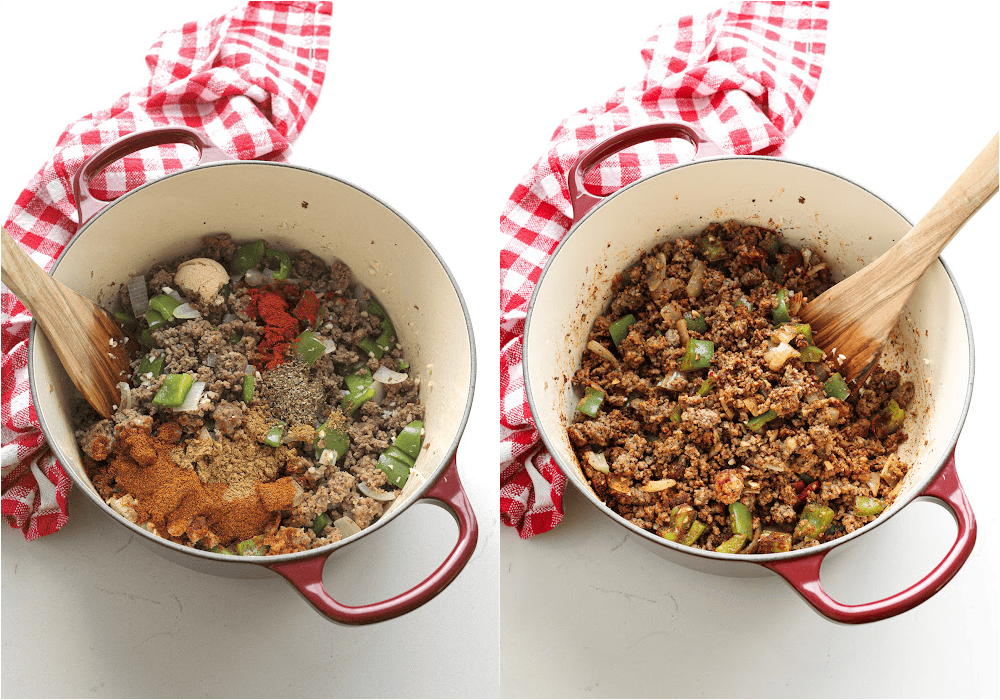 Some of the steps to making beef chili. Brown the ground beef in a Dutch oven or large pot over medium heat.  About halfway through the browning process, add the onion and cook for 3-4 minutes. Add the bell pepper and cook until the ground beef browns and the onion and bell pepper are soft.
Reduce the heat to low and add the garlic, chili powder, ground cumin, dried marjoram, and smoked paprika. Cook for a minute, while stirring.