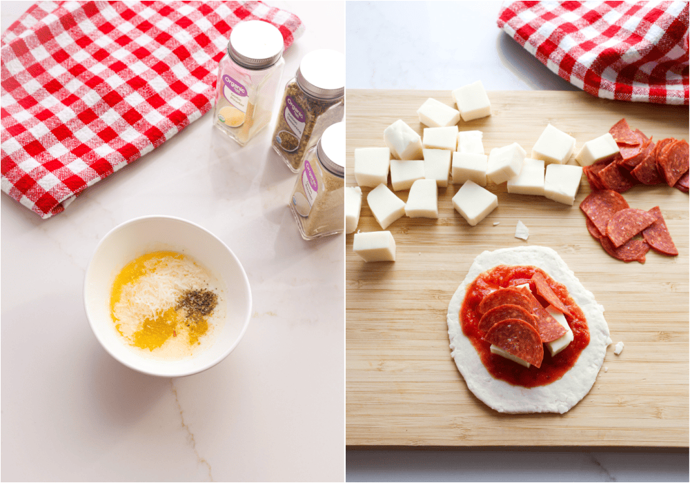 Some of the steps to making pizza bombs. In a small bowl, combine the butter, garlic powder, onion powder, Italian seasoning, and Parmesan cheese. Separate the biscuit dough and press or roll out the dough to ⅛ inch thick. Spread a tablespoon of sauce over the dough. Top with three small cubes of mozzarella and several slices of halved pepperoni.