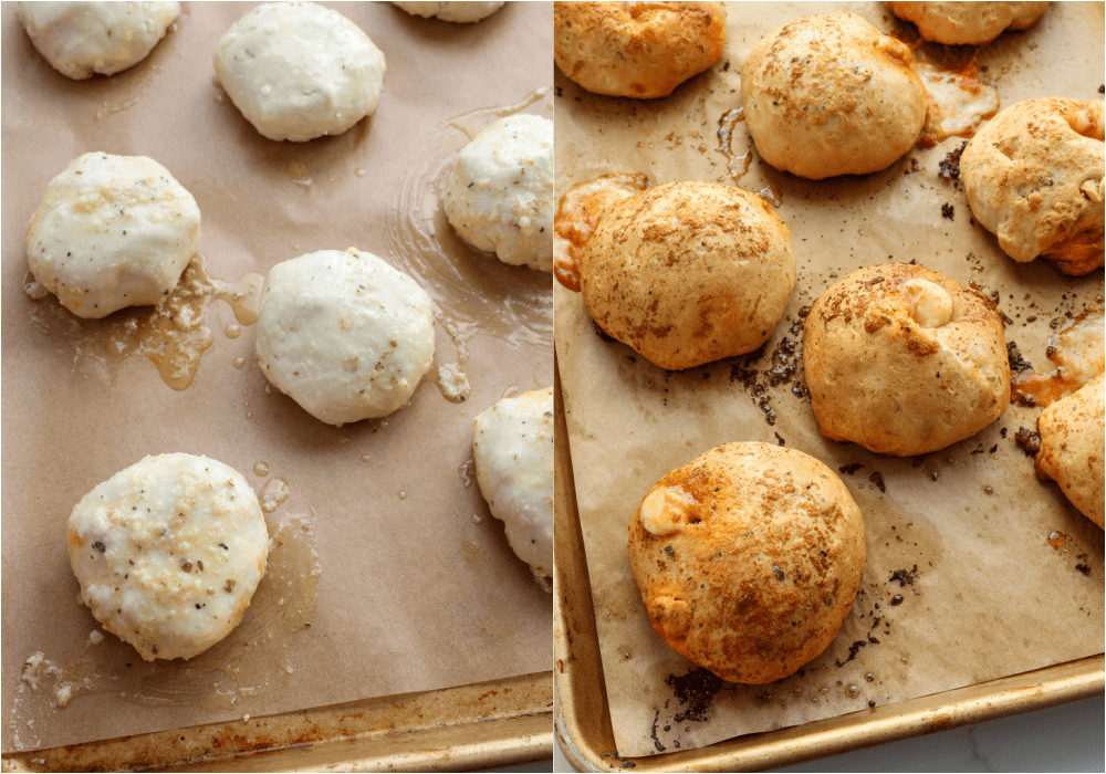 Some of the steps to making pizza bombs. Bring the edges of the dough circle up to close and pinch to seal. Place them seam-side down on the parchment-covered baking sheet, then brush them with the butter mixture. Bake in a preheated oven until golden brown and melted.