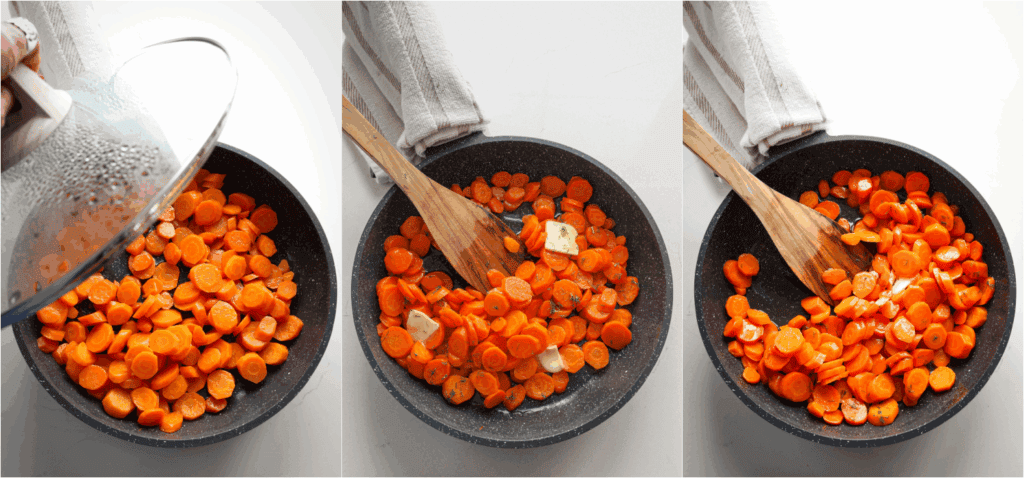 Some of the steps to making sauteed carrots. Add the carrots and cover the skillet. Cook for about 8 minutes stirring once or twice. Remove the lid and cook for 4-5 nminutes or until the carrots are tender. Add a bit more butter, season with salt and freshly ground black pepper, and sprinkle with fresh herbs.