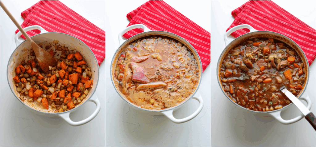 Some of the steps to making ham and lentil soup. Cook the onions, celery, and carrots in a bit of olive oil over medium heat until the onions and celery are soft. Reduce the heat to low and add the garlic, chili powder, ground cumin, smoked paprika, and marjoram. Cook for 1 minute while stirring. Add the bay leaves, chicken broth, water, lentils, and diced tomatoes. Bring the mixture to a boil. Reduce the heat and simmer for 15 minutes. 
Add the ham steak and simmer for 15-30 minutes or until the lentils are tender. Remove the ham steak. Dice the ham while removing the bone and fat. Add the diced ham back to the pot.