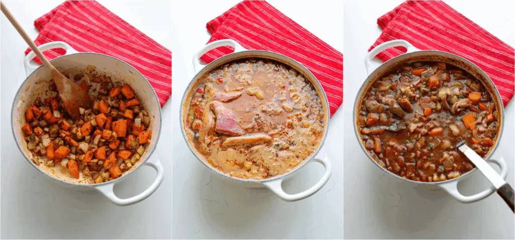 Some of the steps to making ham and lentil soup. Cook the onions, celery, and carrots in a bit of olive oil over medium heat until the onions and celery are soft. Reduce the heat to low and add the garlic, chili powder, ground cumin, smoked paprika, and marjoram. Cook for 1 minute while stirring. Add the bay leaves, chicken broth, water, lentils, and diced tomatoes. Bring the mixture to a boil. Reduce the heat and simmer for 15 minutes.
Add the ham steak and simmer for 15-30 minutes or until the lentils are tender. Remove the ham steak. Dice the ham while removing the bone and fat. Add the diced ham back to the pot.