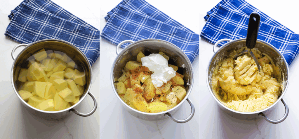 Some of the steps to making cheesy mashed potatoes. Boil the potatoes in a large pot of salted water until tender. Drain the potatoes well. Add the unsalted butter, milk, sour cream, garlic powder, salt, and black pepper to the pot. Mash the potatoes with a handheld potato masher.
