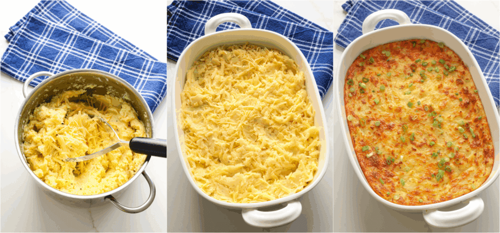 Some of the steps to making cheesy mashed potatoes. Stir in half the cheese. Spoon the mixture into a casserole dish.
Top with the remaining cheese and bake. Sprinkle with the chopped green onions.